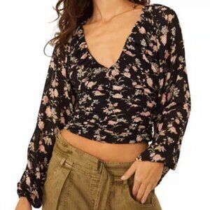 Free People Final Rose Black Floral Ruched Balloon Sleeve Blouse. Size L.